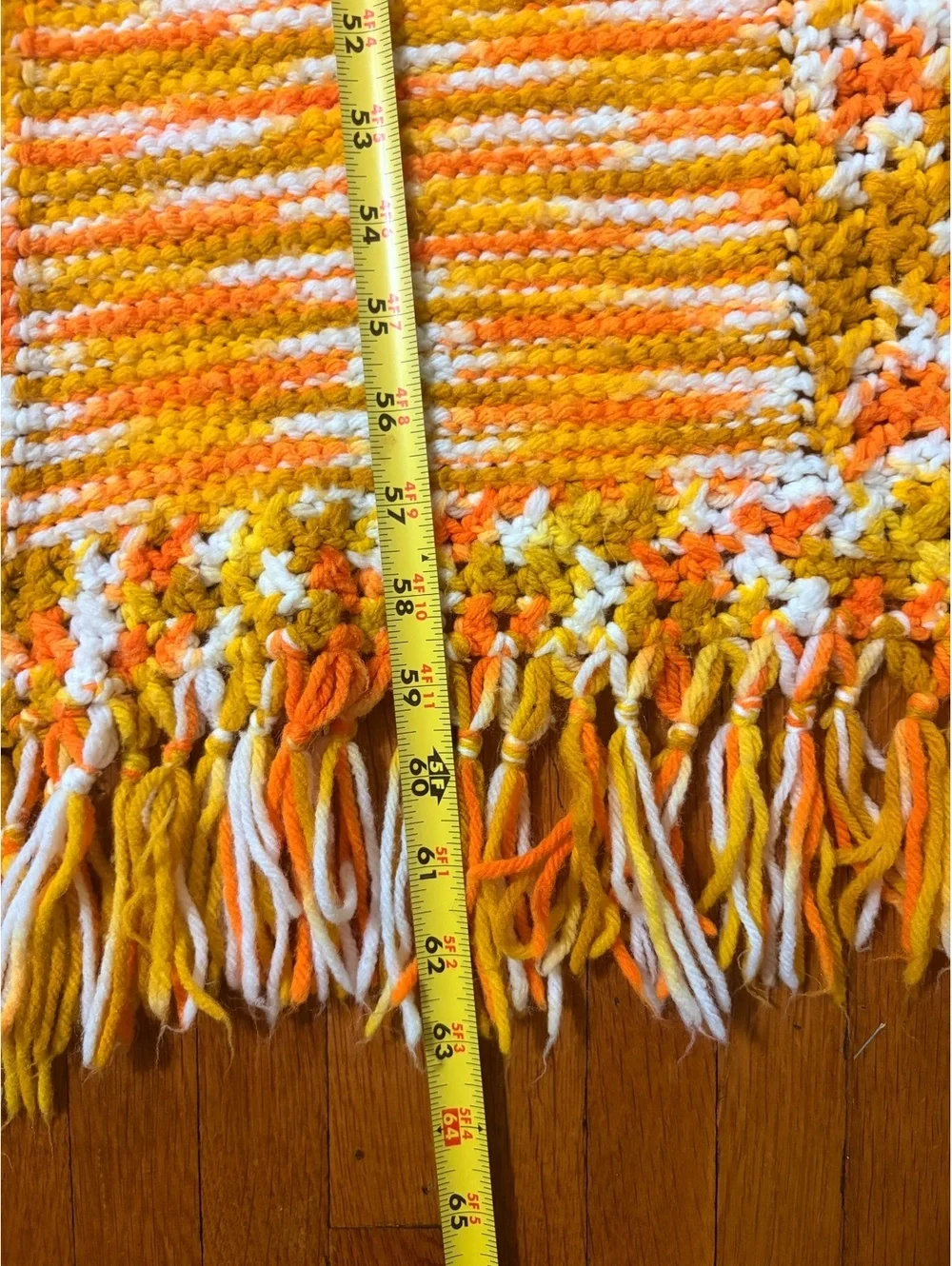 Handmade Crocheted Afghan Throw Blanket 45x65 Orange Mustard White Fringe Boho